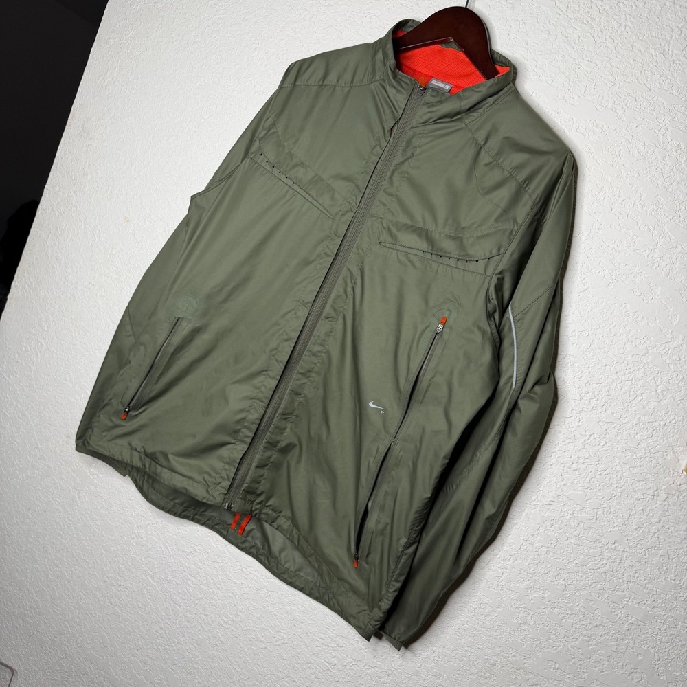 Nike Mens Green Full Zip Running Jacket Orange Mesh Lining Reflective Large